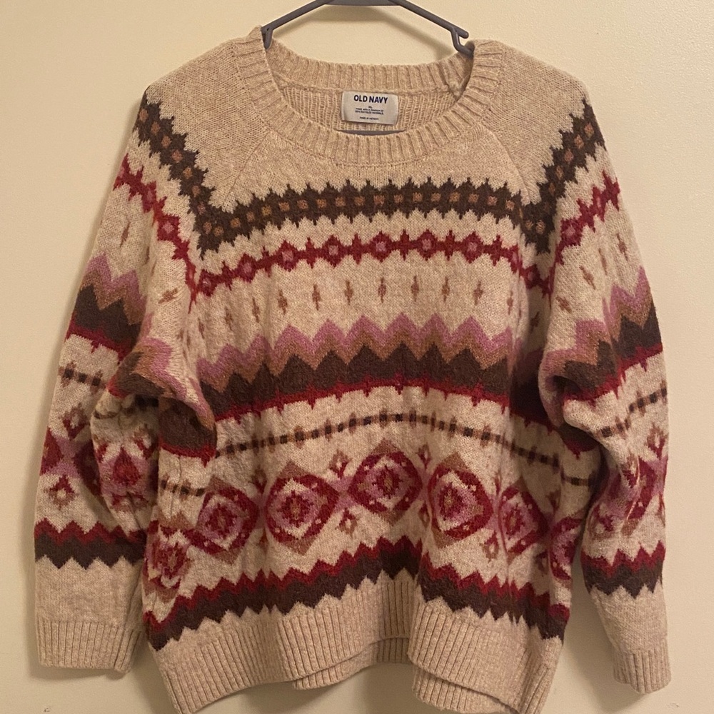 Old Navy Women's Geometric Sweater - Cream, Red, and Brown